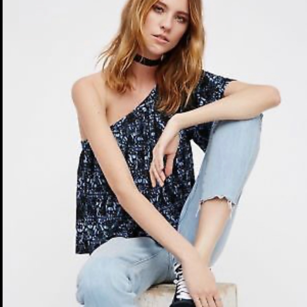 Free People Bohemian Blues One Shoulder Top Blue XS